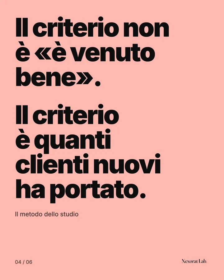 Slide 4 di 6: Il criterio non è «è venuto bene». Il criterio è quanti clienti nuovi ha portato.