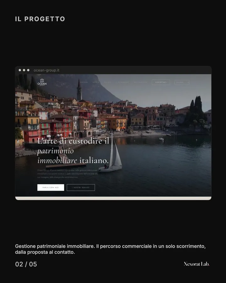 Slide 2 di 5: Il progetto. Gestione patrimoniale immobiliare. Il percorso commerciale in un solo scorrimento, dalla proposta al contatto.