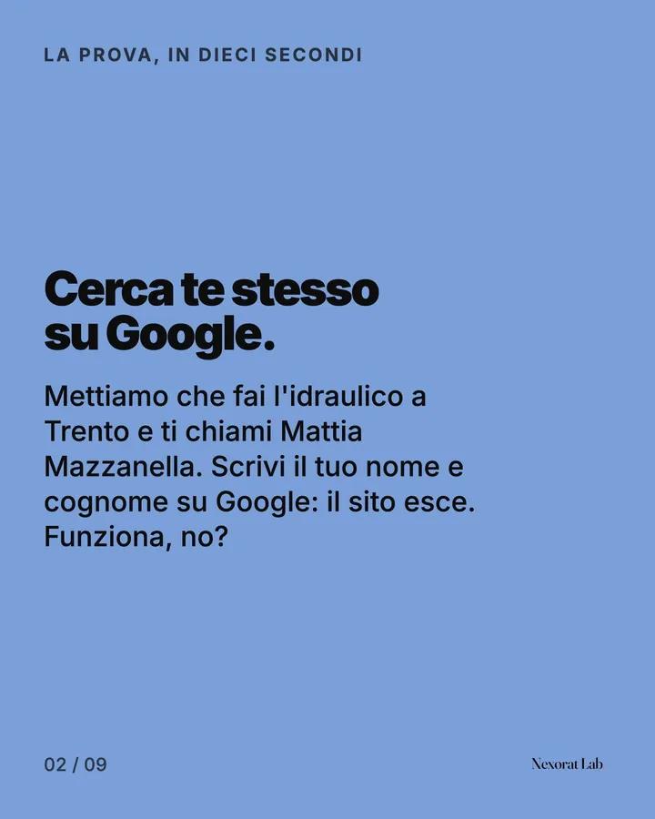 Slide 2 di 9: La prova, in dieci secondi — Cerca te stesso su Google. Mettiamo che fai l'idraulico a Trento e ti chiami Mattia Mazzanella. Scrivi il tuo nome e cognome su Google: il sito esce. Funziona, no?