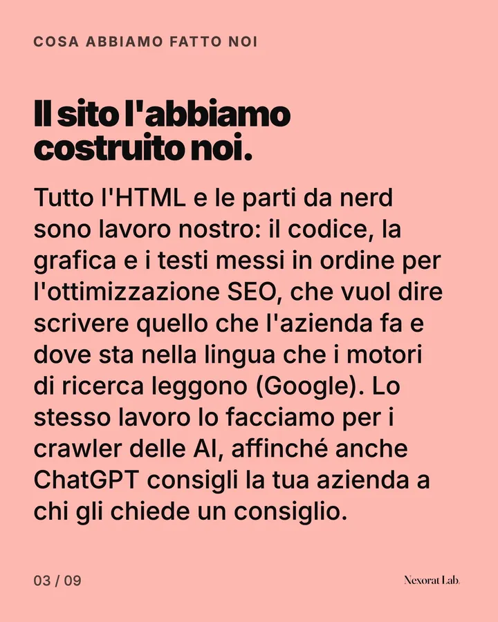 Slide 3 di 9: Cosa abbiamo fatto noi — Il sito l'abbiamo costruito noi. Tutto l'HTML e le parti da nerd sono lavoro nostro: il codice, la grafica e i testi messi in ordine per l'ottimizzazione SEO, che vuol dire scrivere quello che l'azienda fa e dove sta nella lingua…