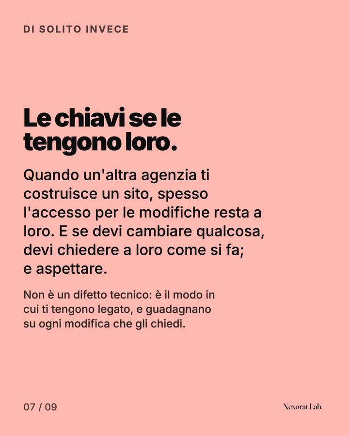 Slide 7 di 9: Di solito invece — Le chiavi se le tengono loro. Quando un'altra agenzia ti costruisce un sito, spesso l'accesso per le modifiche resta a loro. E se devi cambiare qualcosa, devi chiedere a loro come si fa; e aspettare.