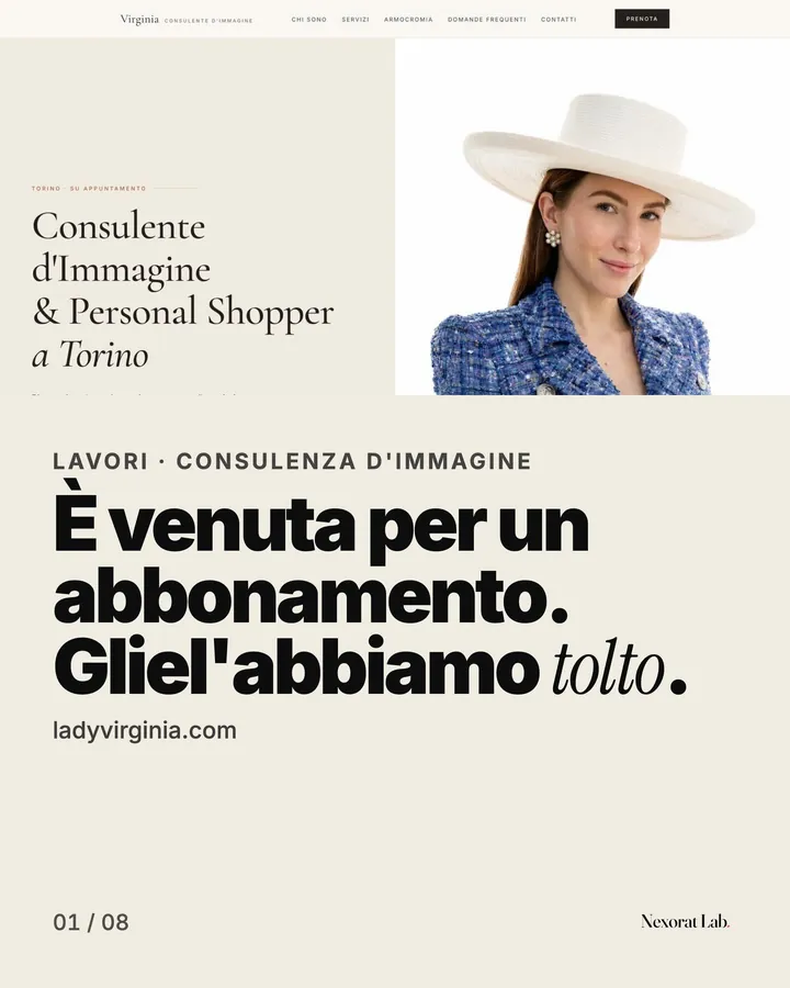 Slide 1 di 8: Lavori · Consulenza d'immagine — È venuta per un abbonamento. Gliel'abbiamo tolto. ladyvirginia.com