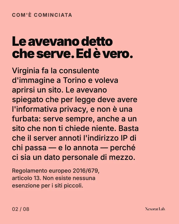 Slide 2 di 8: Com'è cominciata — Le avevano detto che serve. Ed è vero. Virginia fa la consulente d'immagine a Torino e voleva aprirsi un sito. Le avevano spiegato che per legge deve avere l'informativa privacy, e non è una furbata: serve sempre, anche a un sito che non…