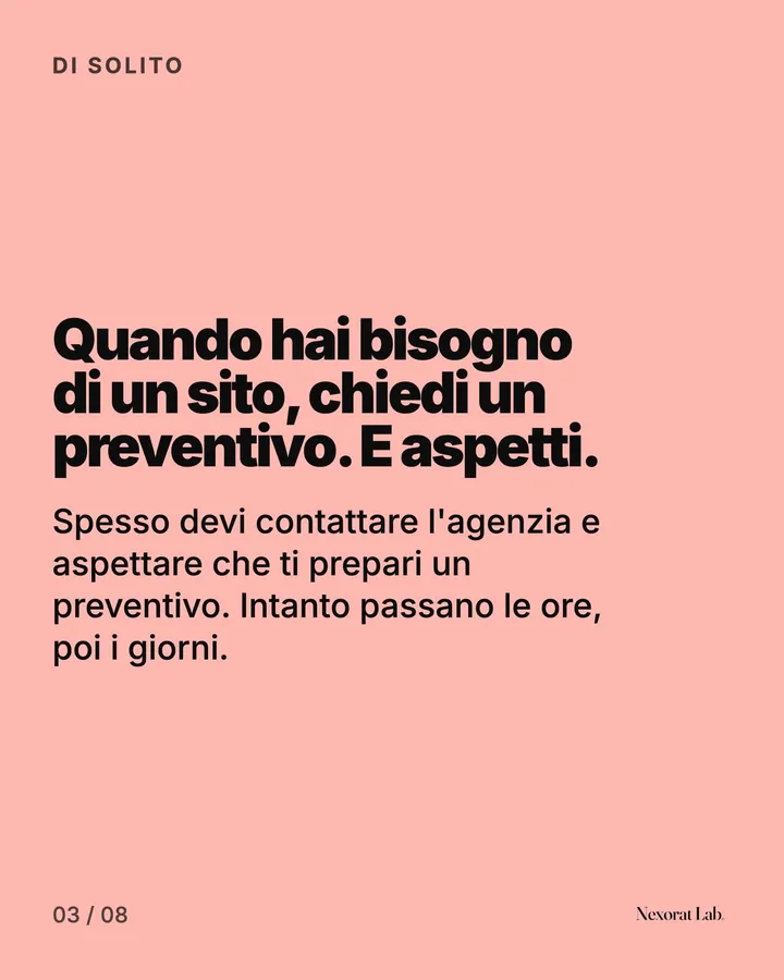 Slide 3 di 7: Di solito — Quando hai bisogno di un sito, chiedi un preventivo. E aspetti. Spesso devi contattare l'agenzia e aspettare che ti prepari un preventivo. Intanto passano le ore, poi i giorni.
