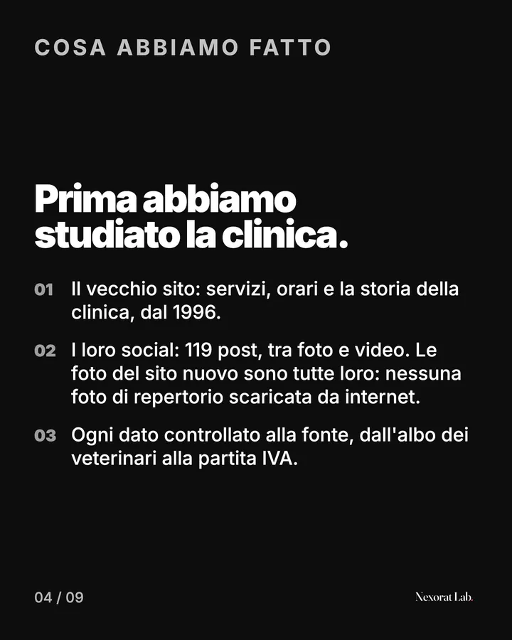 Slide 4 di 9: Cosa abbiamo fatto — Prima abbiamo studiato la clinica. Il vecchio sito: servizi, orari e la storia della clinica, dal 1996. · I loro social: 119 post, tra foto e video. Le foto del sito nuovo sono tutte loro: nessuna foto di repertorio scaricata da…