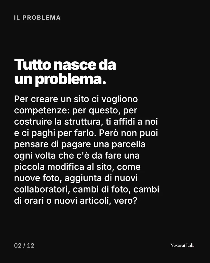 Slide 2 di 12: Il problema — Tutto nasce da un problema. Per creare un sito ci vogliono competenze: per questo, per costruire la struttura, ti affidi a noi e ci paghi per farlo. Però non puoi pensare di pagare una parcella ogni volta che c'è da fare una piccola modifica…