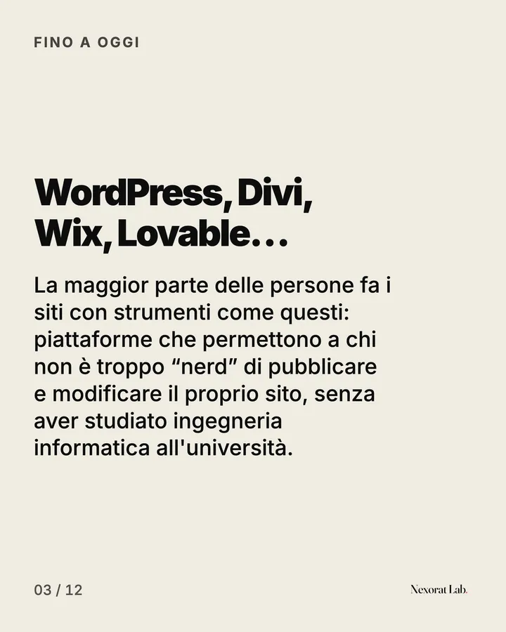 Slide 3 di 12: Fino a oggi — WordPress, Divi, Wix, Lovable…. La maggior parte delle persone fa i siti con strumenti come questi: piattaforme che permettono a chi non è troppo “nerd” di pubblicare e modificare il proprio sito, senza aver studiato ingegneria informatica…