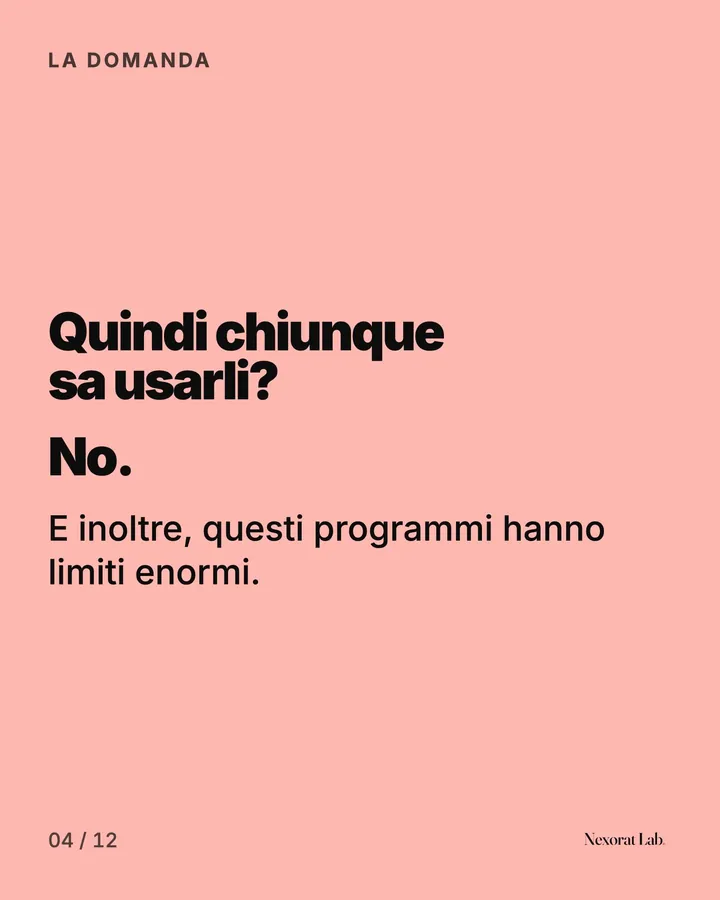 Slide 4 di 12: La domanda — Quindi chiunque sa usarli? No. E inoltre, questi programmi hanno limiti enormi.