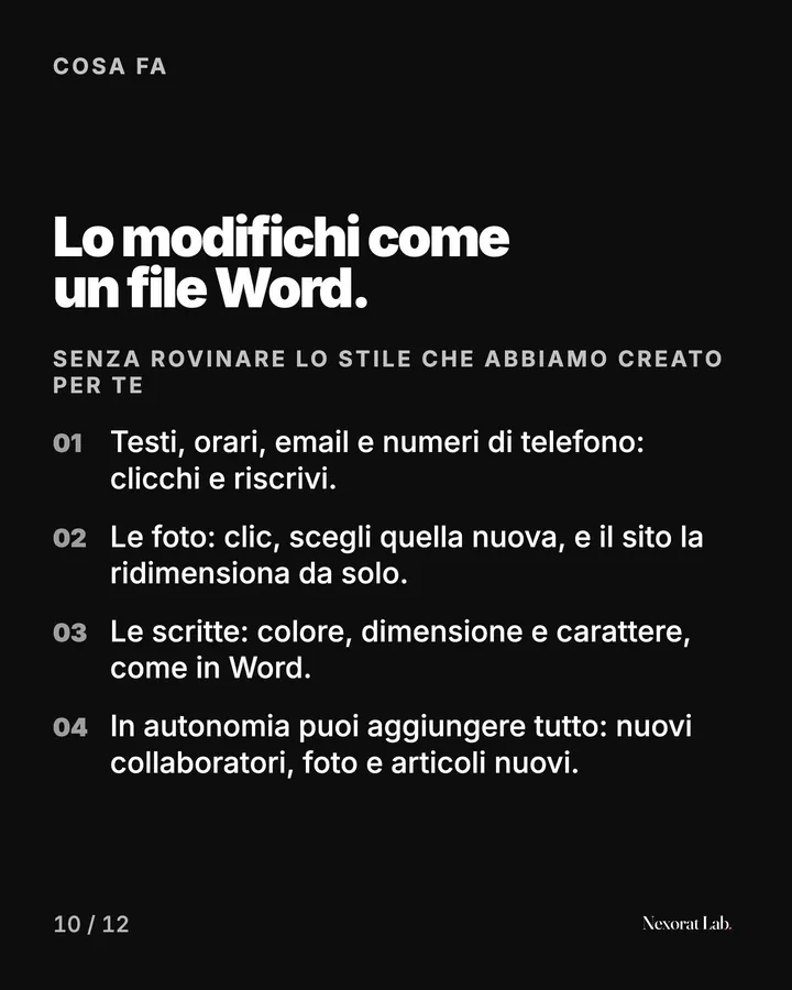 Slide 10 di 12: Cosa fa — Lo modifichi come un file Word. Testi, orari, email e numeri di telefono: clicchi e riscrivi. · Le foto: clic, scegli quella nuova, e il sito la ridimensiona da solo. · Le scritte: colore, dimensione e carattere, come in Word. · In autonomia puoi…