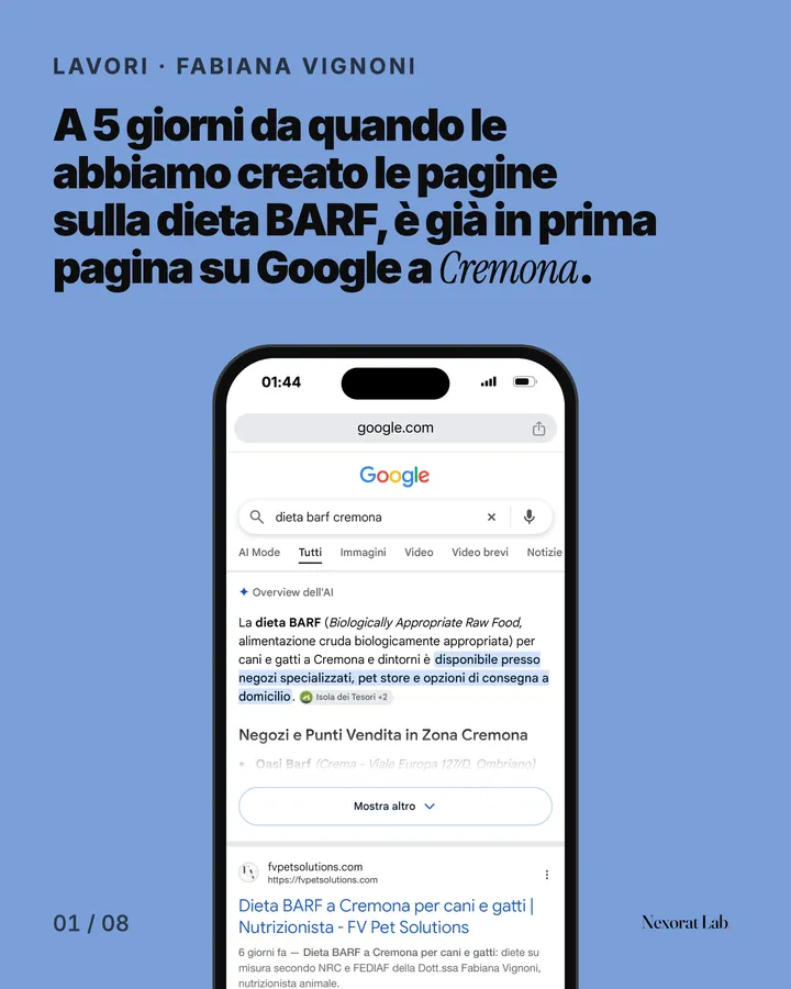 Slide 1 di 8: Lavori · Fabiana Vignoni — A 5 giorni da quando le abbiamo creato le pagine sulla dieta BARF, è già in prima pagina su Google a Cremona.