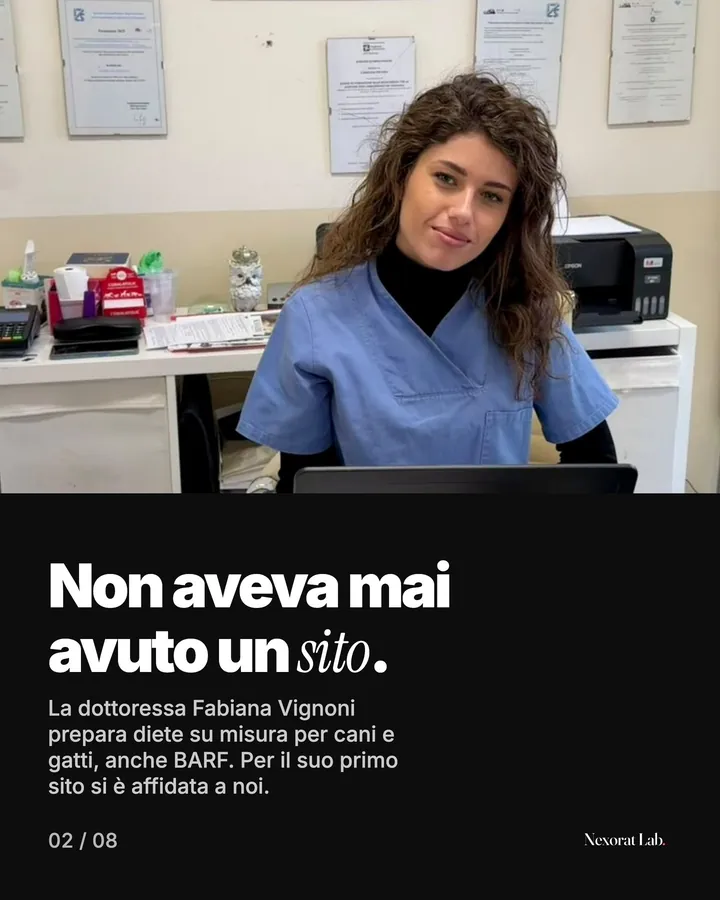 Slide 2 di 8: Non aveva mai avuto un sito. La dottoressa Fabiana Vignoni prepara diete su misura per cani e gatti, anche BARF. Per il suo primo sito si è affidata a noi.