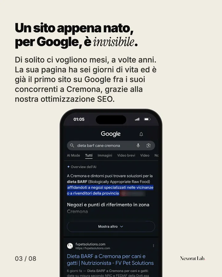 Slide 3 di 8: Un sito appena nato, per Google, è invisibile. Di solito ci vogliono mesi, a volte anni. La sua pagina ha sei giorni di vita ed è già il primo sito su Google fra i suoi concorrenti a Cremona, grazie alla nostra ottimizzazione SEO.