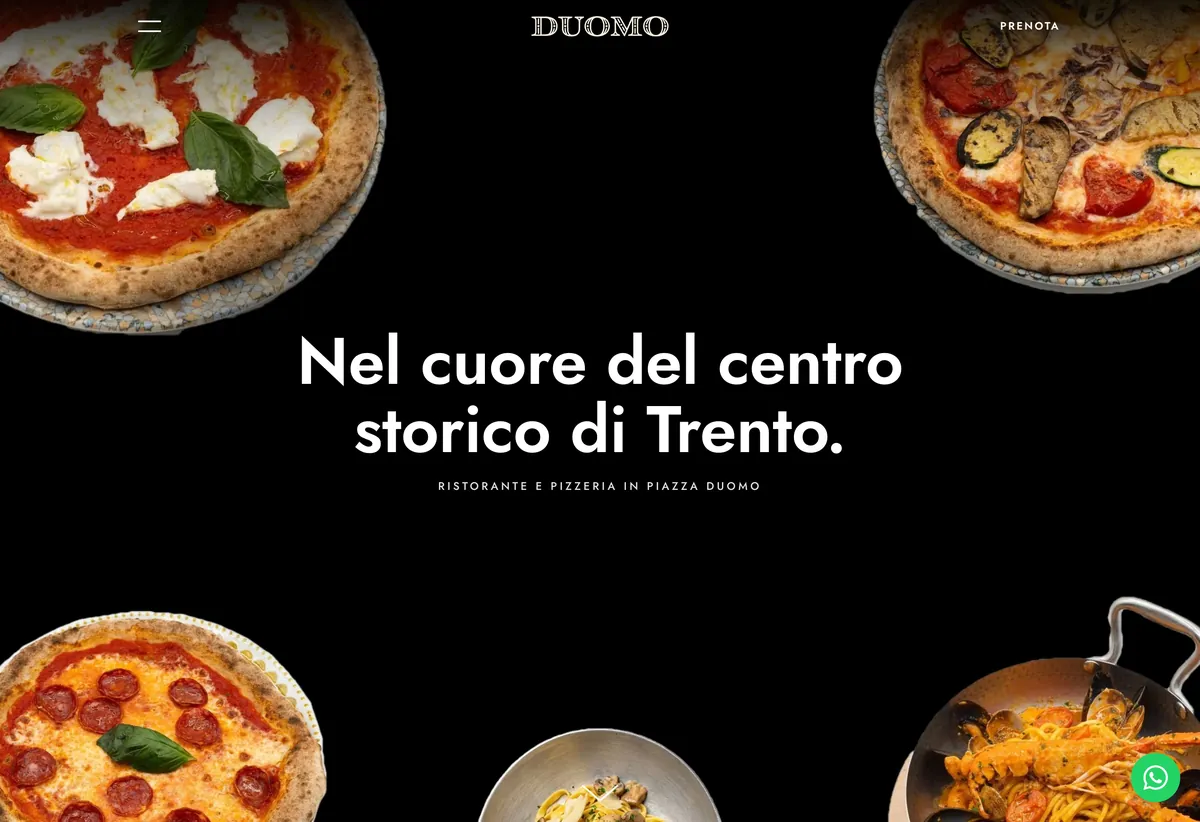 La home del sito nuovo del Ristorante Al Duomo: pizze su fondo nero e il titolo «Nel cuore del centro storico di Trento»
