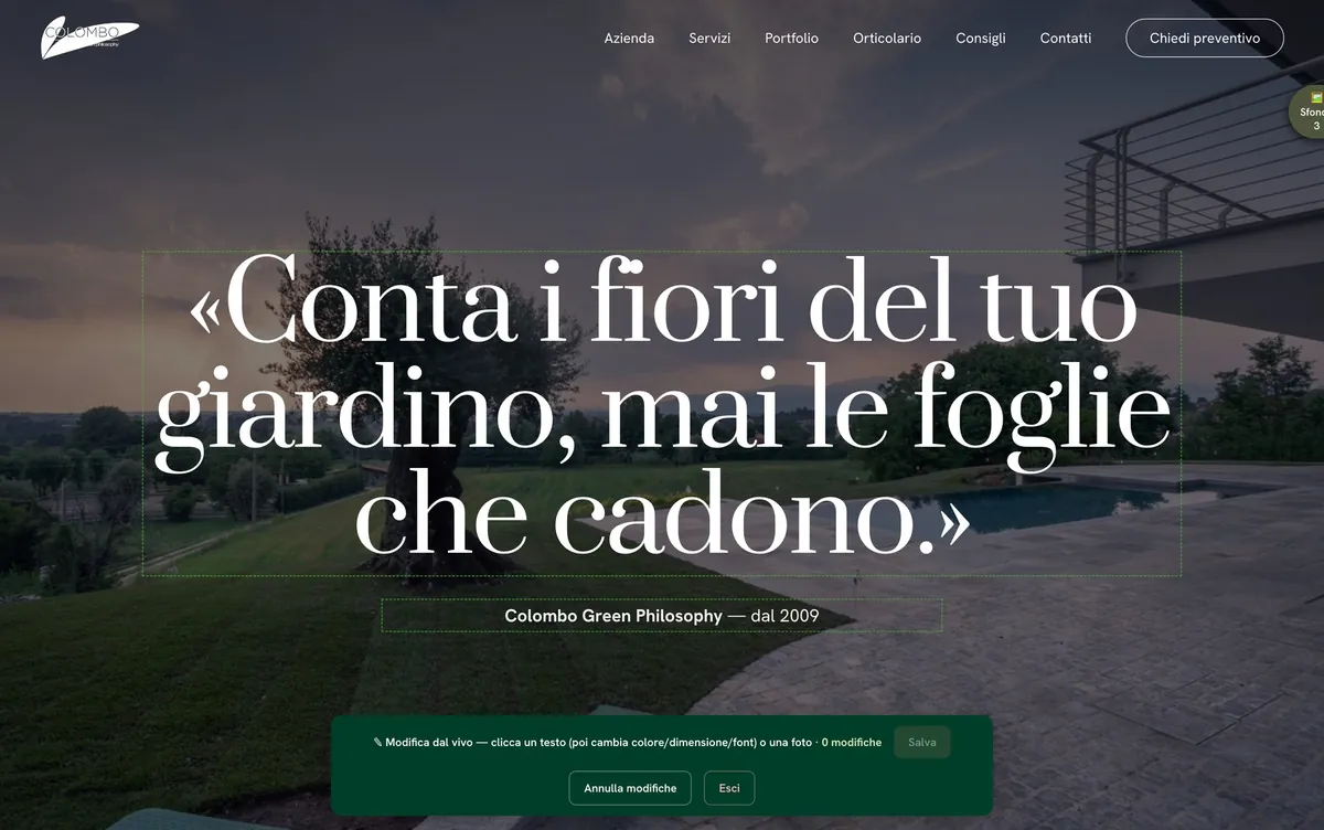 La home di Colombo Green Philosophy aperta in modalità modifica, con la barra per salvare in basso
