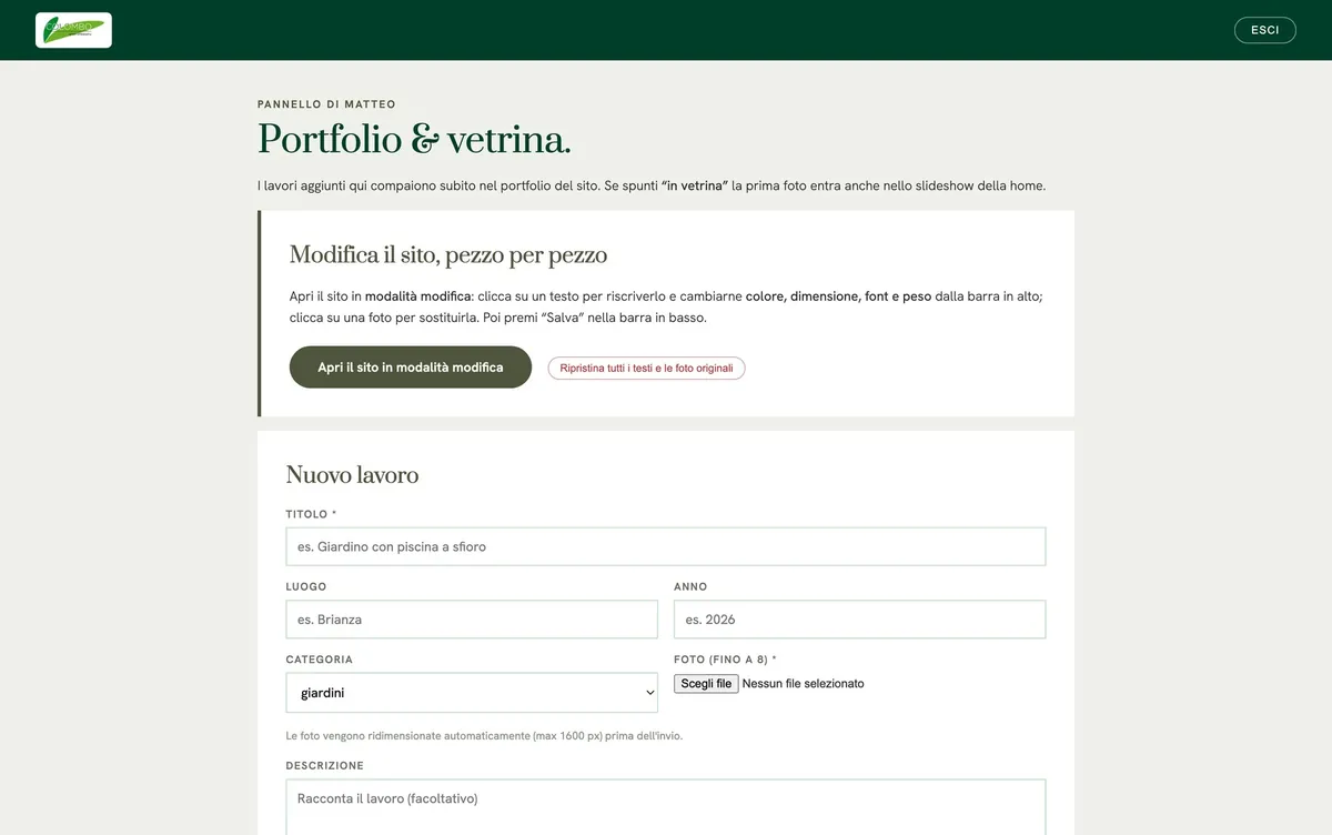 Il pannello del sito di Colombo Green Philosophy, con il modulo per aggiungere un nuovo lavoro