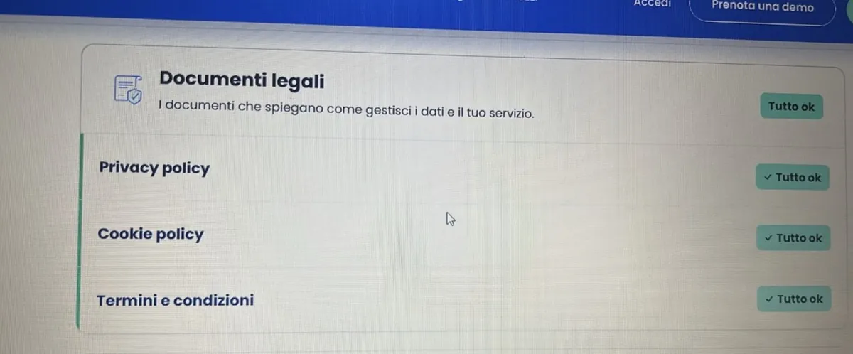 Il controllo di iubenda sul sito di Virginia: privacy policy, cookie policy e termini e condizioni, tutto ok