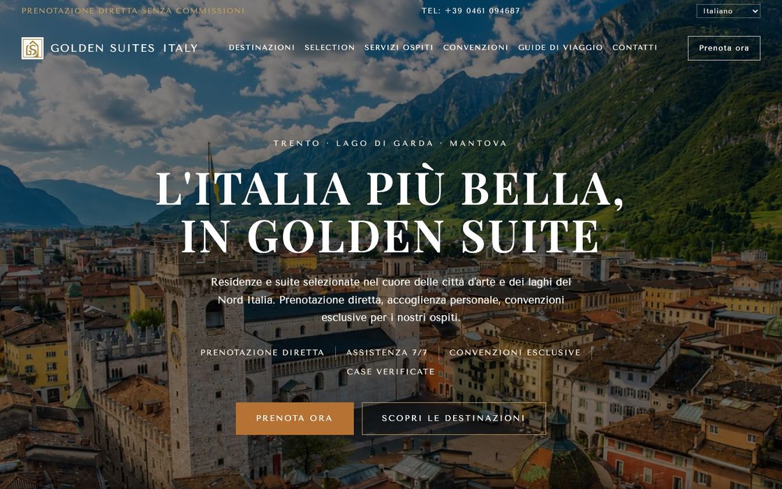 Il sito di Golden Suites Italy, piattaforma in 13 lingue